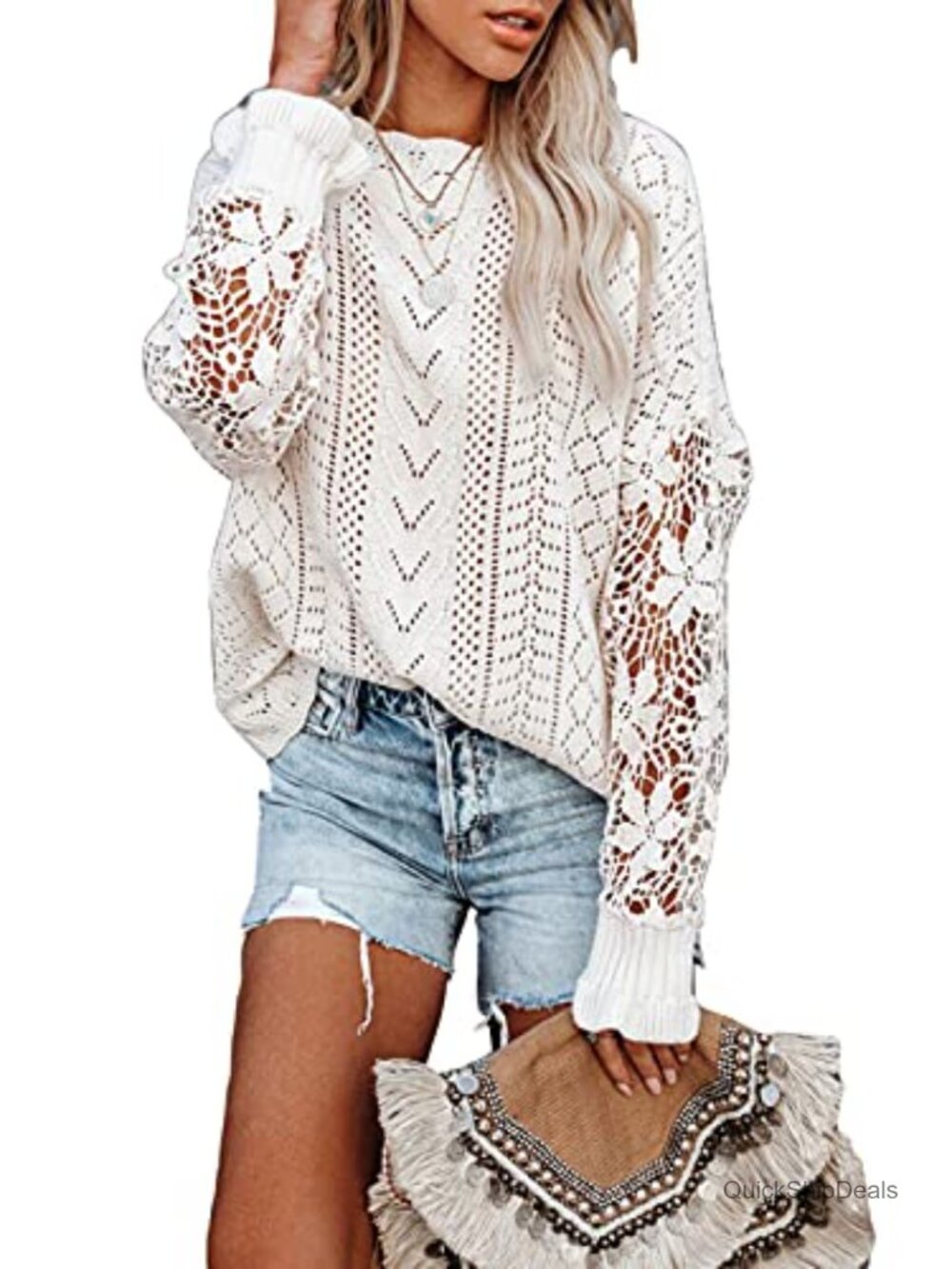 Crochet Lace Long Sleeve Cable Knit Sweater Pullover Top